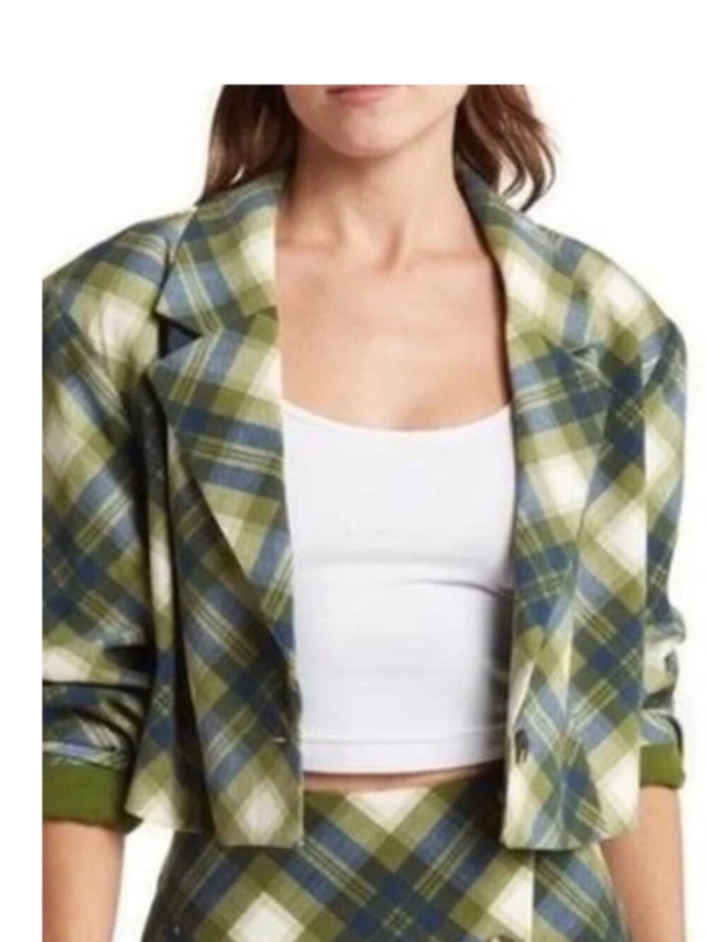 NWT WeWoreWhat Women's Boxy‎ Cropped Green Basil Plaid Blazer Size XS